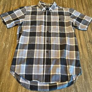 Men's Flannel Plaid Short Sleeve Button Down Collar Shirt Black/Grey, Medium